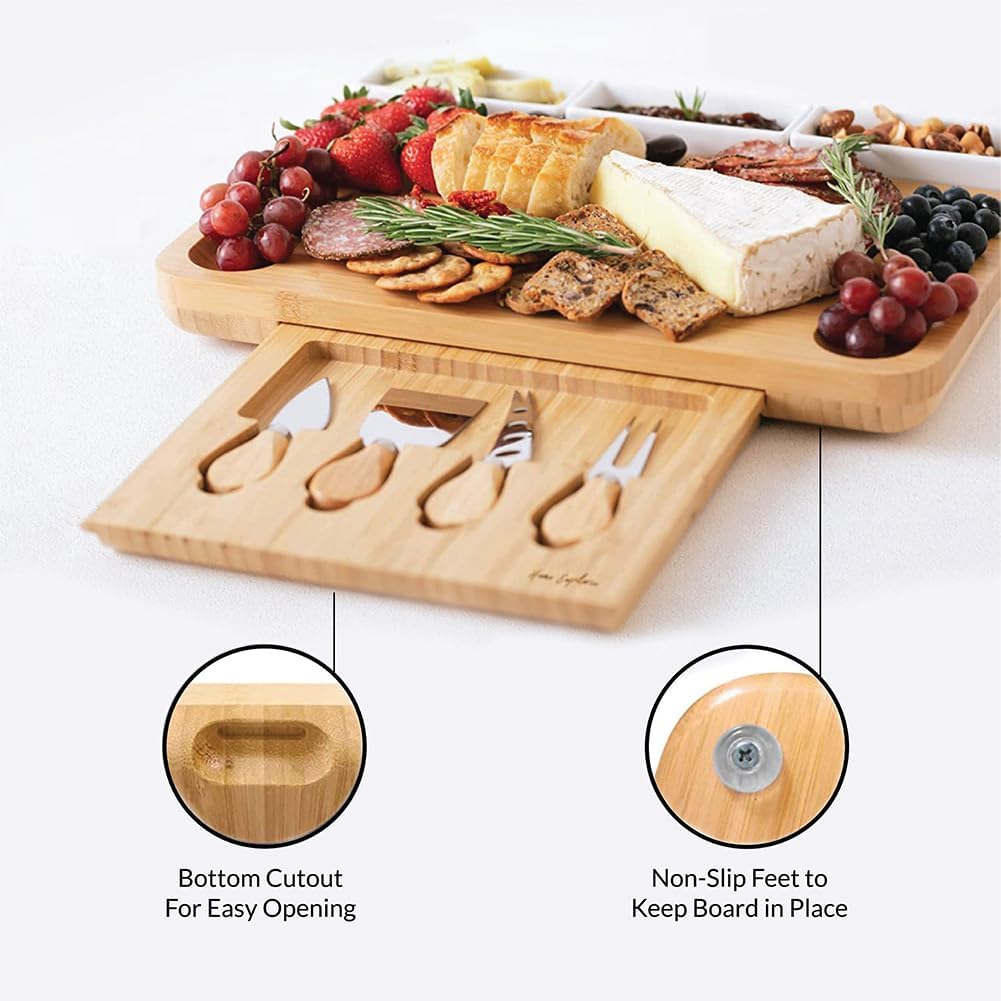 Large Round Cheese Board and Knife Set - Charcuterie Board, Bamboo Cheese Board Set, Cheese Platter Board, Cheese Tray Set, Cheese Cutting Board Set