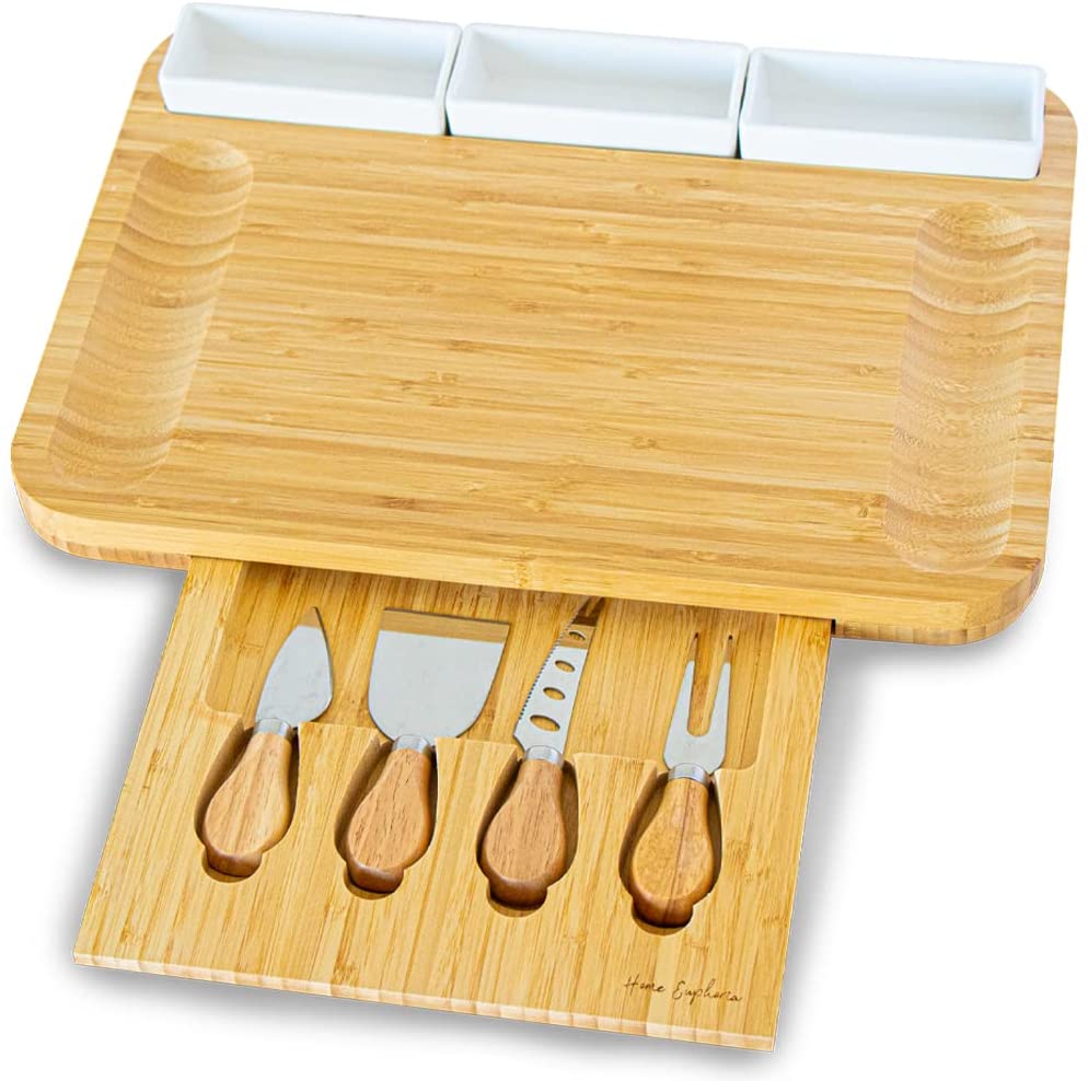 Bambüsi Premium Bamboo Cheese Board Set - Large Charcuterie Boards & Cheese Board With Knife Set - Kitchen Wine Meat Cheese Platter - Unique Housewarming Gift, Anniversary Or Wedding Gift